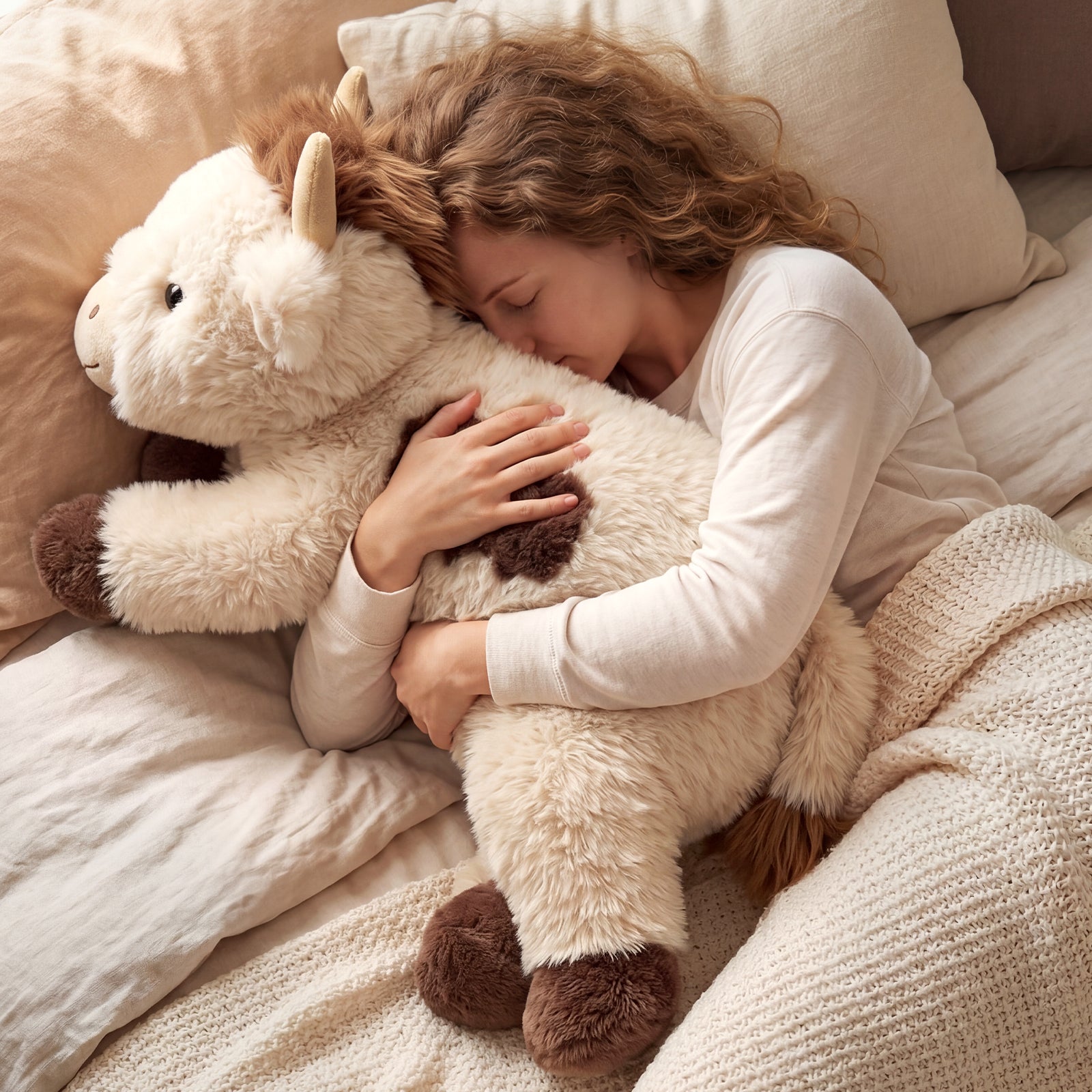 Mochilumi Brown Cow Fuzzy Long Haired Weighted Stuffed Animal