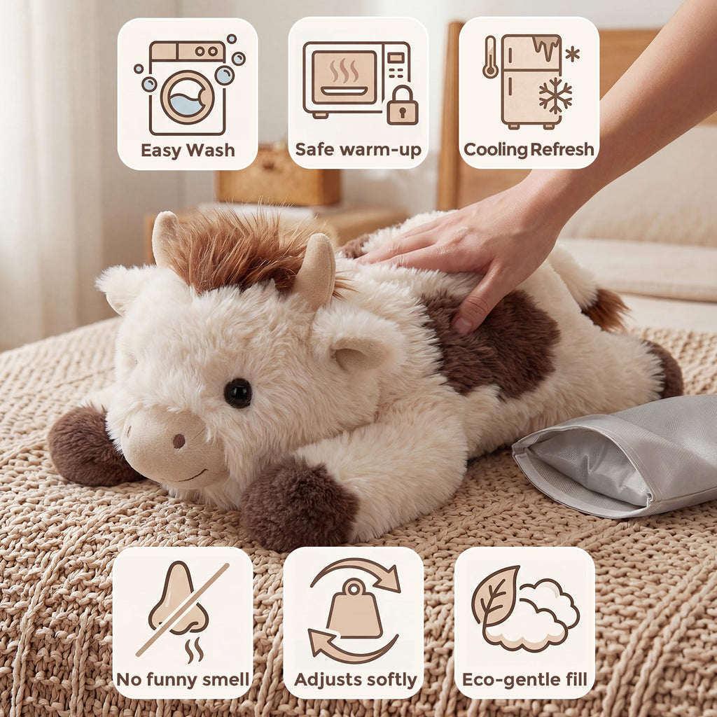 Mochilumi Brown Cow Fuzzy Long Haired Weighted Stuffed Animal
