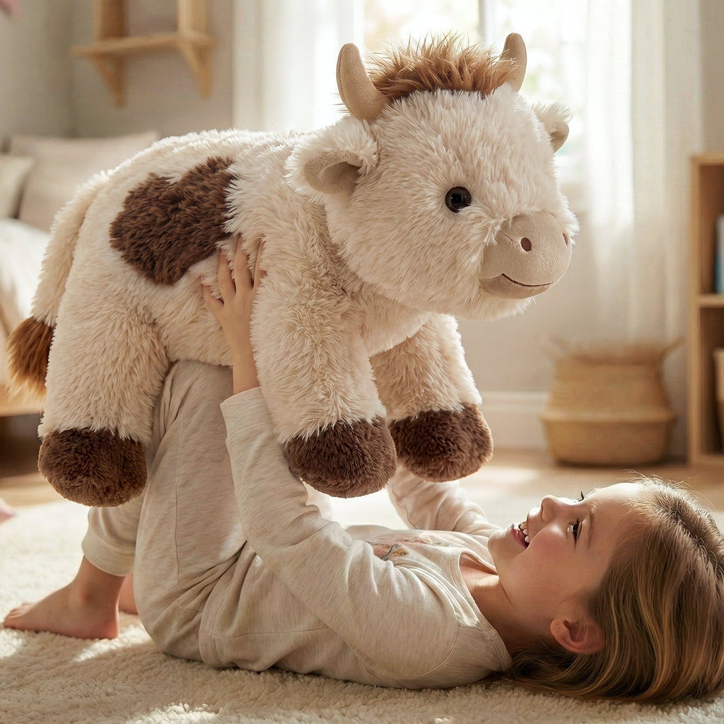 Mochilumi Brown Cow Fuzzy Long Haired Weighted Stuffed Animal