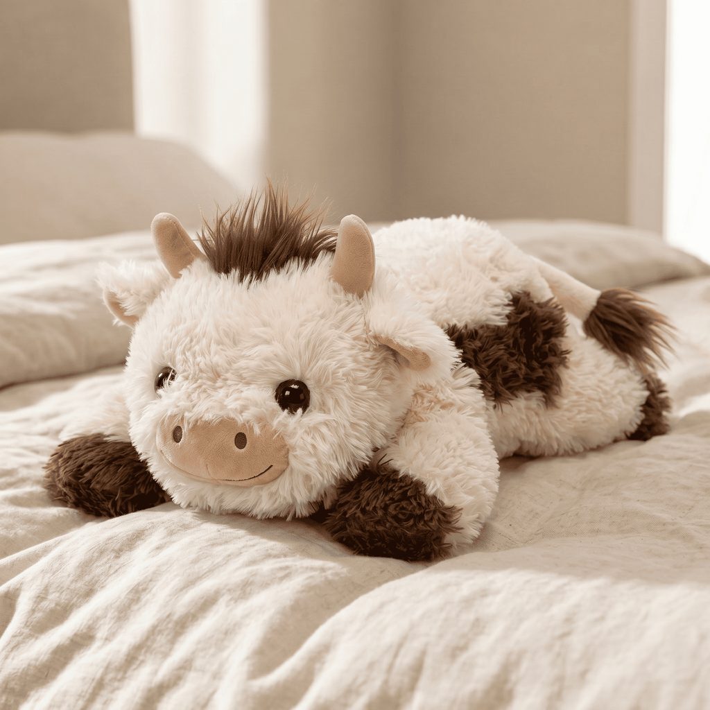 Mochilumi Brown Cow Fuzzy Long Haired Weighted Stuffed Animal