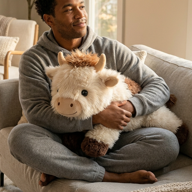 Mochilumi Brown Cow Fuzzy Long Haired Weighted Stuffed Animal